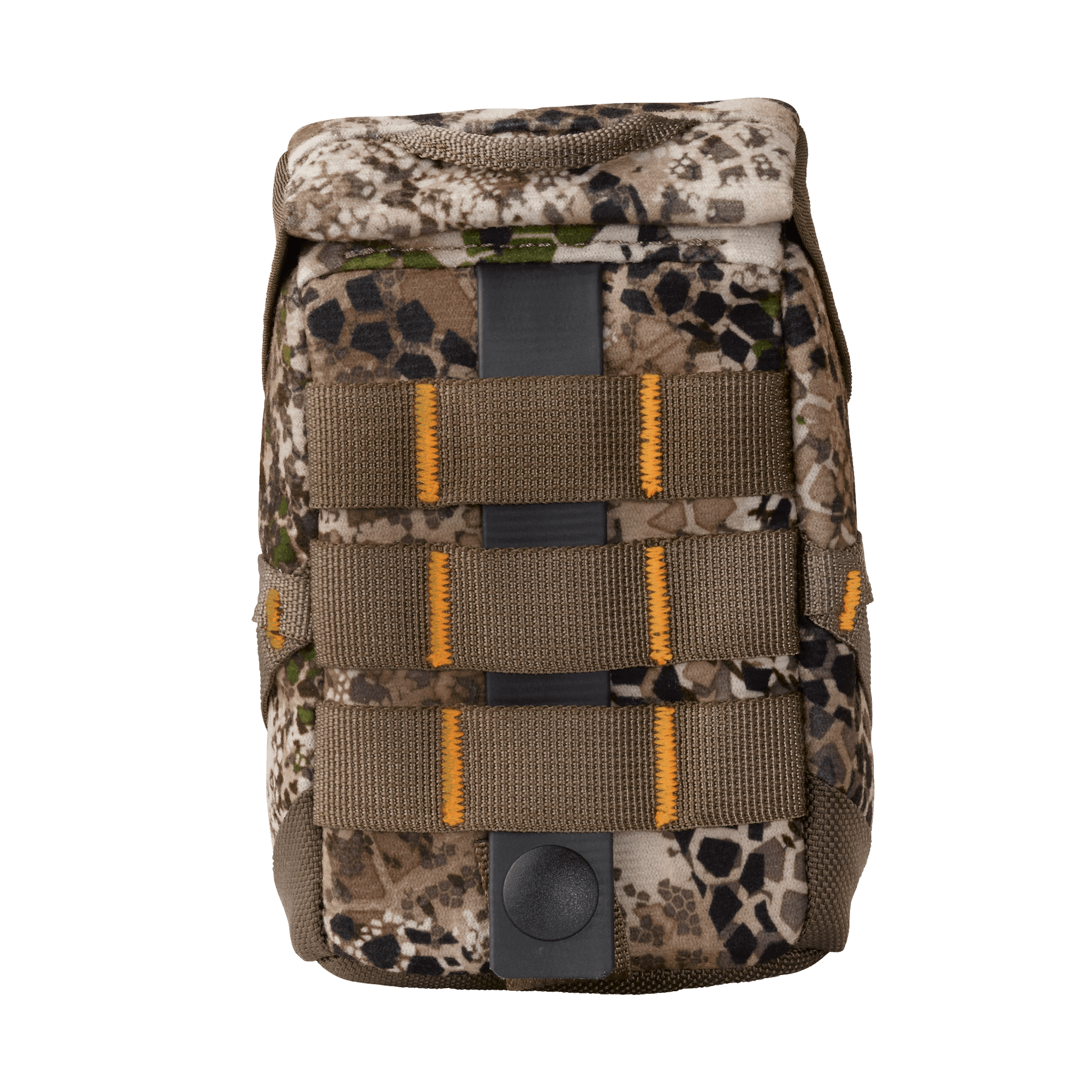 Camouflage Moonrivers pouch with MOLLE webbing and orange stitching, designed for outdoor gear attachment.
