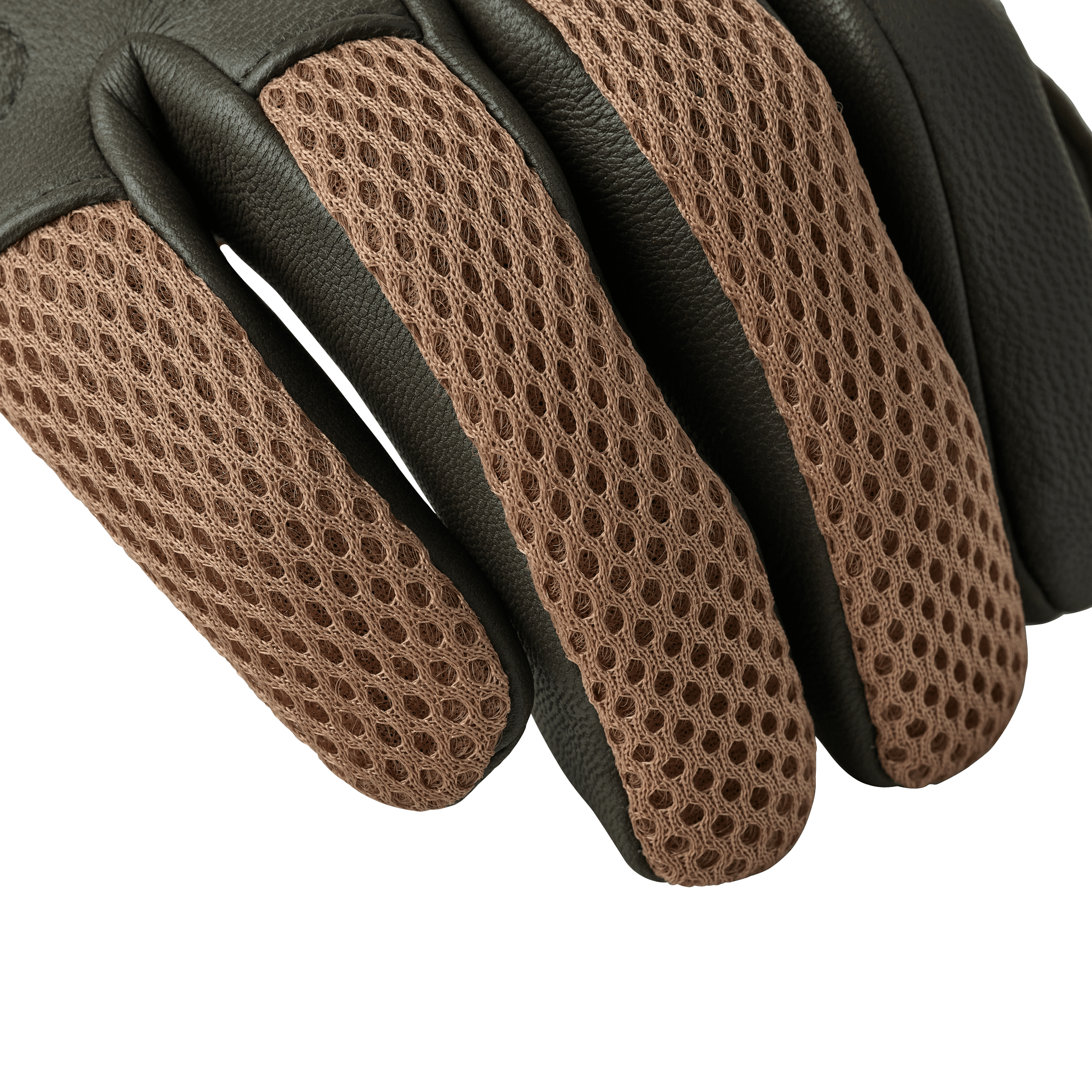 Close-up of brown mesh and black leather glove fingers, showing breathable material and textured surface.