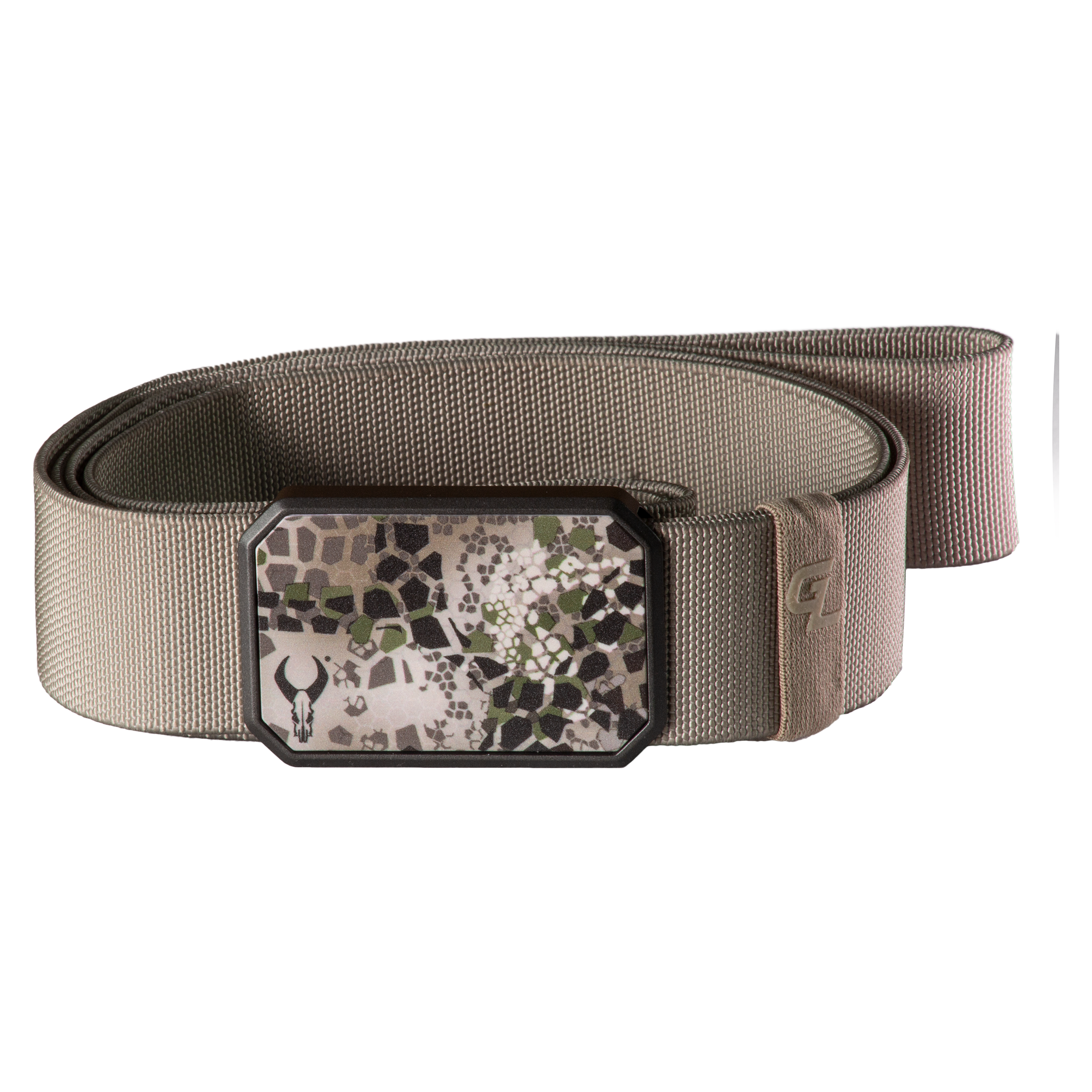 Tan belt with a camo buckle featuring the Moonrivers Logo, designed for outdoor or hunting use.