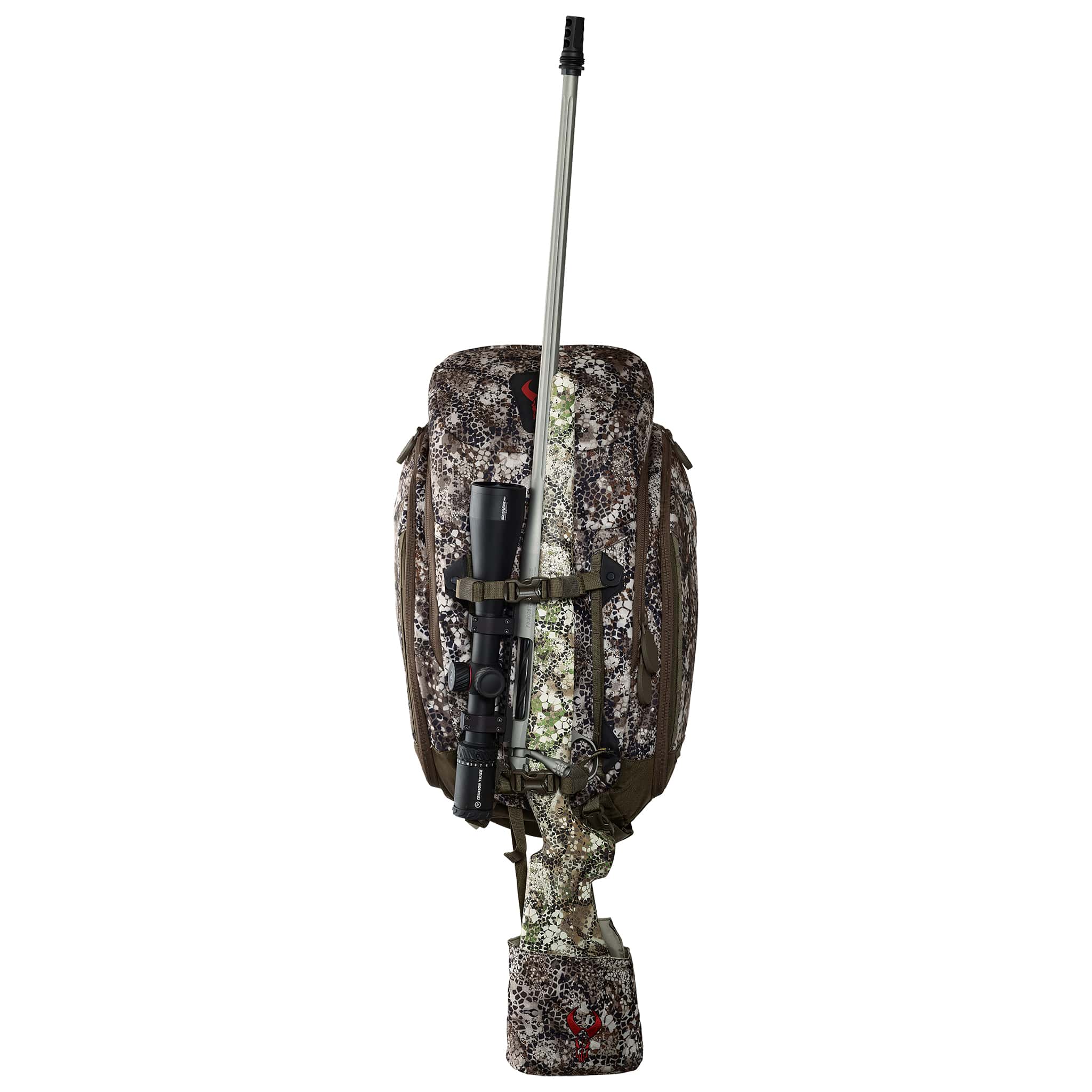 Camo hunting backpack with rifle holder and visible Moonrivers skull logo, shown against a white background.