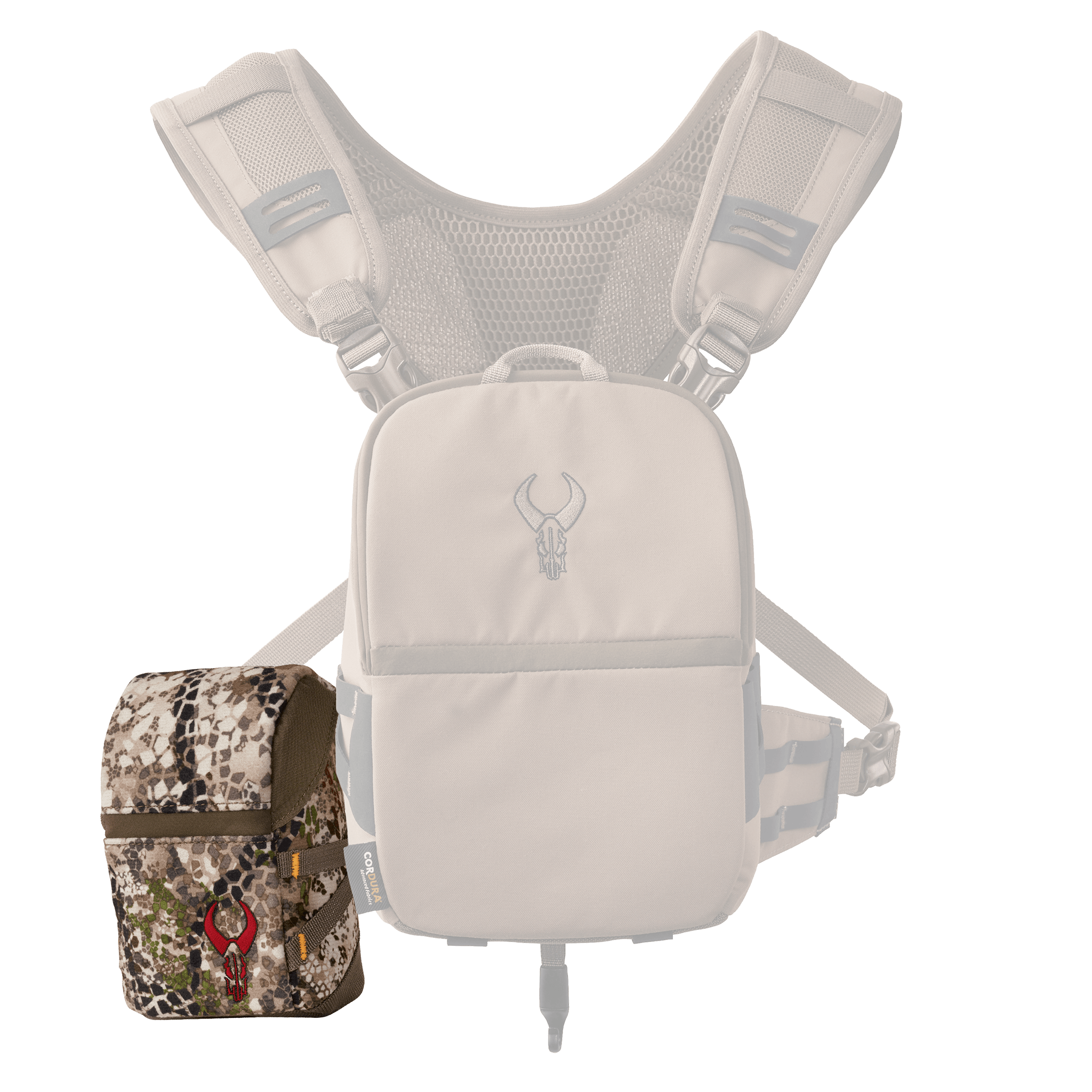 Tan chest pack and camo pouch with Moonrivers skull logo, designed for outdoor gear organization and easy access.