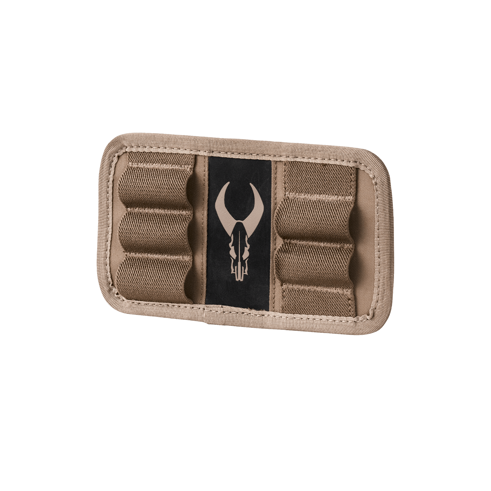 Tan Moonrivers ammo holder with elastic loops and a black panel featuring the Moonrivers skull logo in the center.