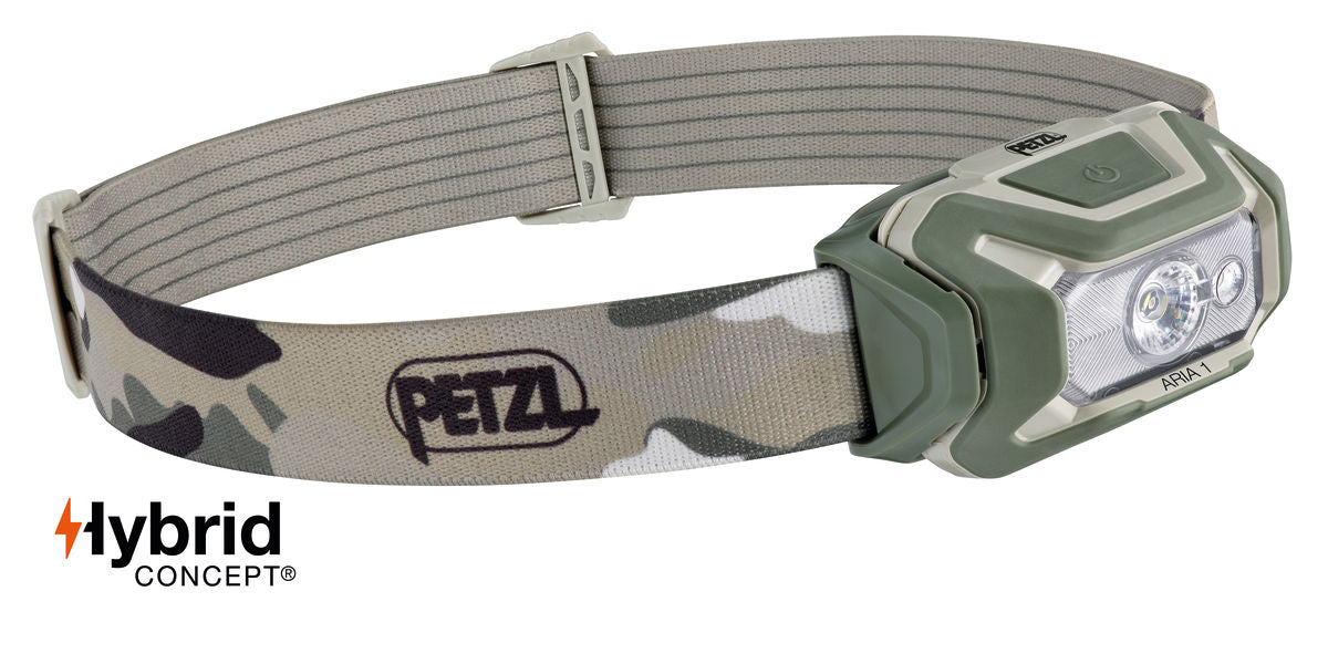 Camo Petzl headlamp with adjustable strap, dual LED lights, and Hybrid Concept logo for battery compatibility.