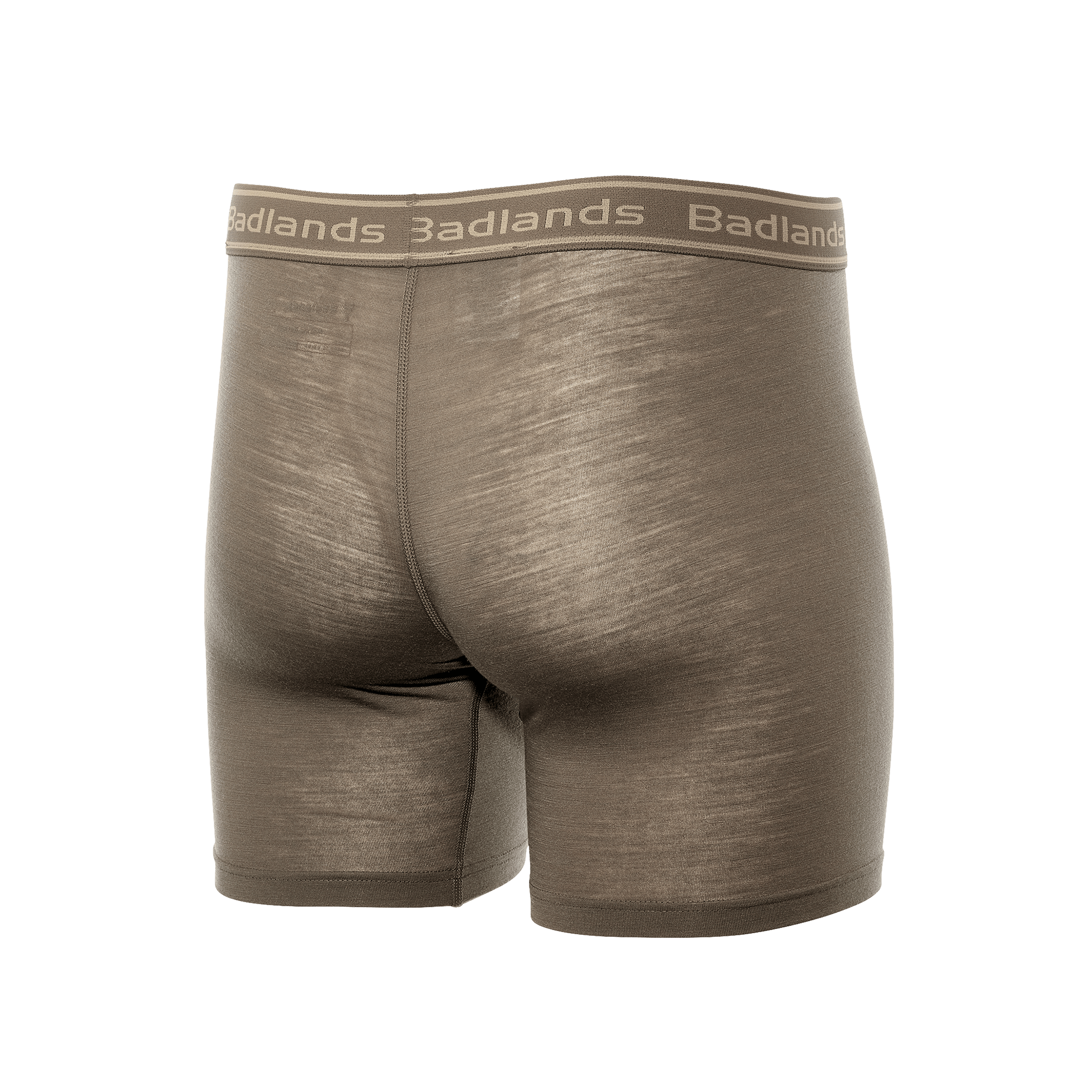 Brown boxer briefs with "Badlands" logo on waistband, shown from the back against a white background.