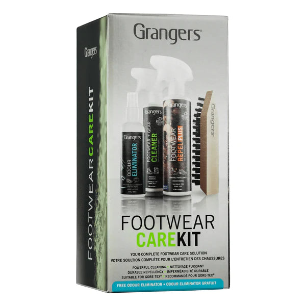Grangers Footwear Care Kit box with cleaning sprays and brush, designed for shoe cleaning and odor elimination.