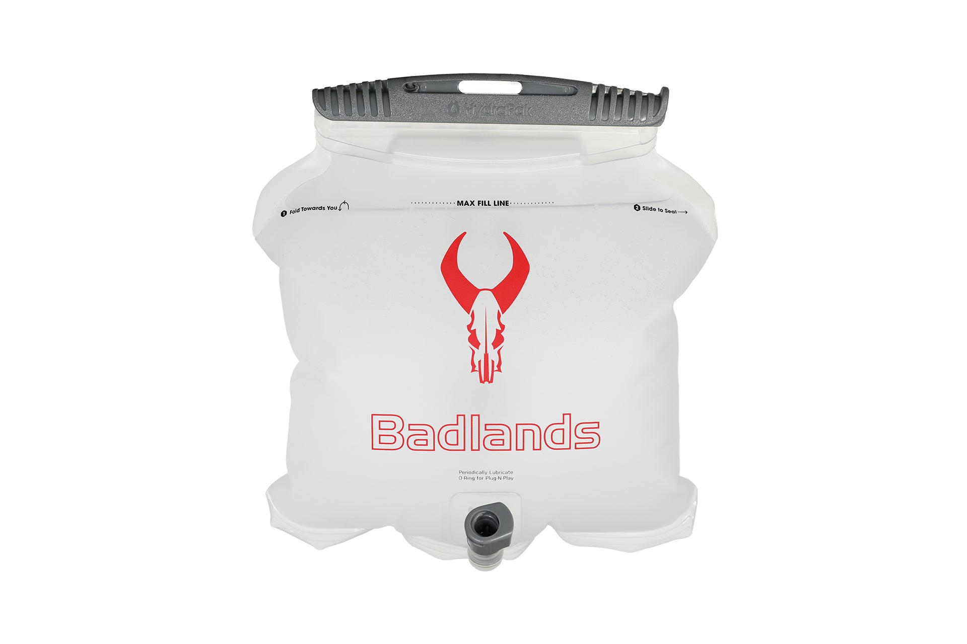 Clear hydration bladder with spout, Moonrivers Logo (skull) and "Badlands" text in red, easy-grip top handle.