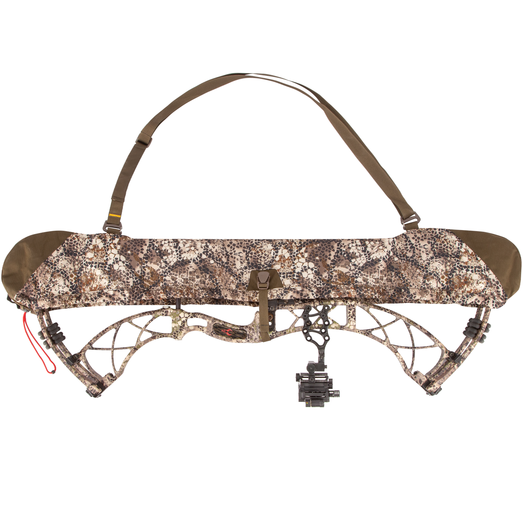 Camouflage bow sling with Moonrivers Logo, adjustable strap, and protective cover for compound bow; ADA-friendly design.
