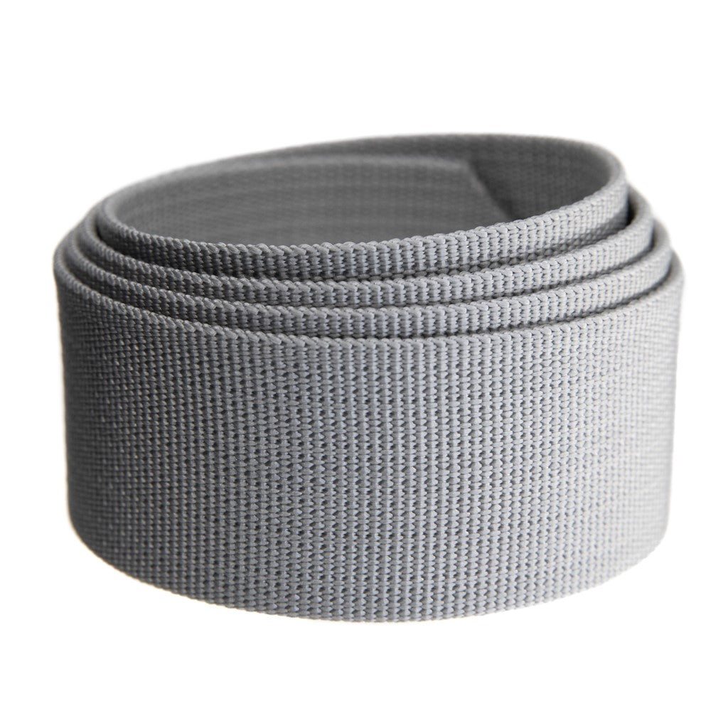 Rolled gray nylon webbing strap, textured surface, shown on a white background.
