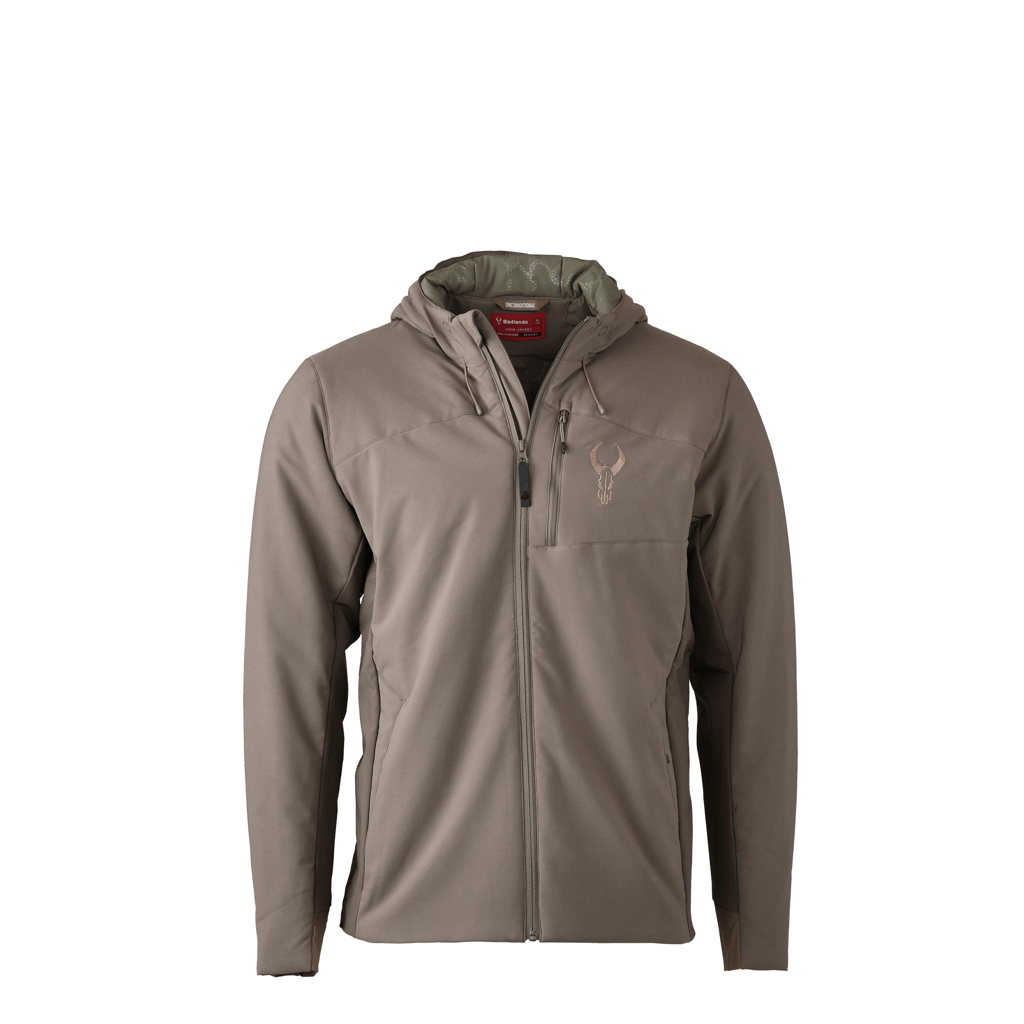 Tan hooded jacket with front zipper and Moonrivers skull logo on left chest; accessible chest pocket; ADA-friendly design.